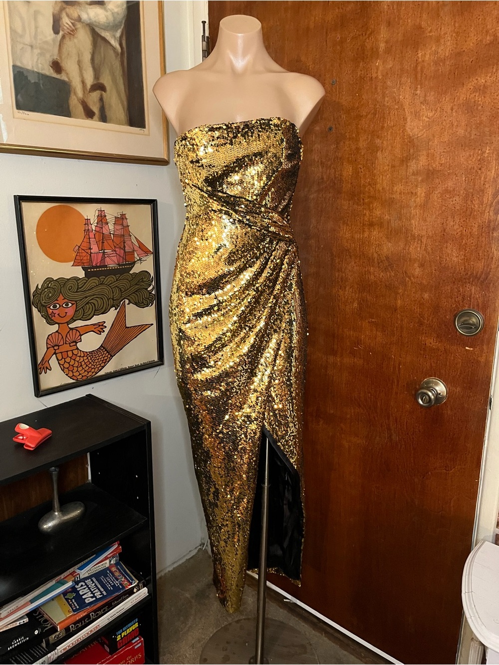ASOS Gold Sequin Strapless Side Gather High Slit Formal Evening Dress Size 0